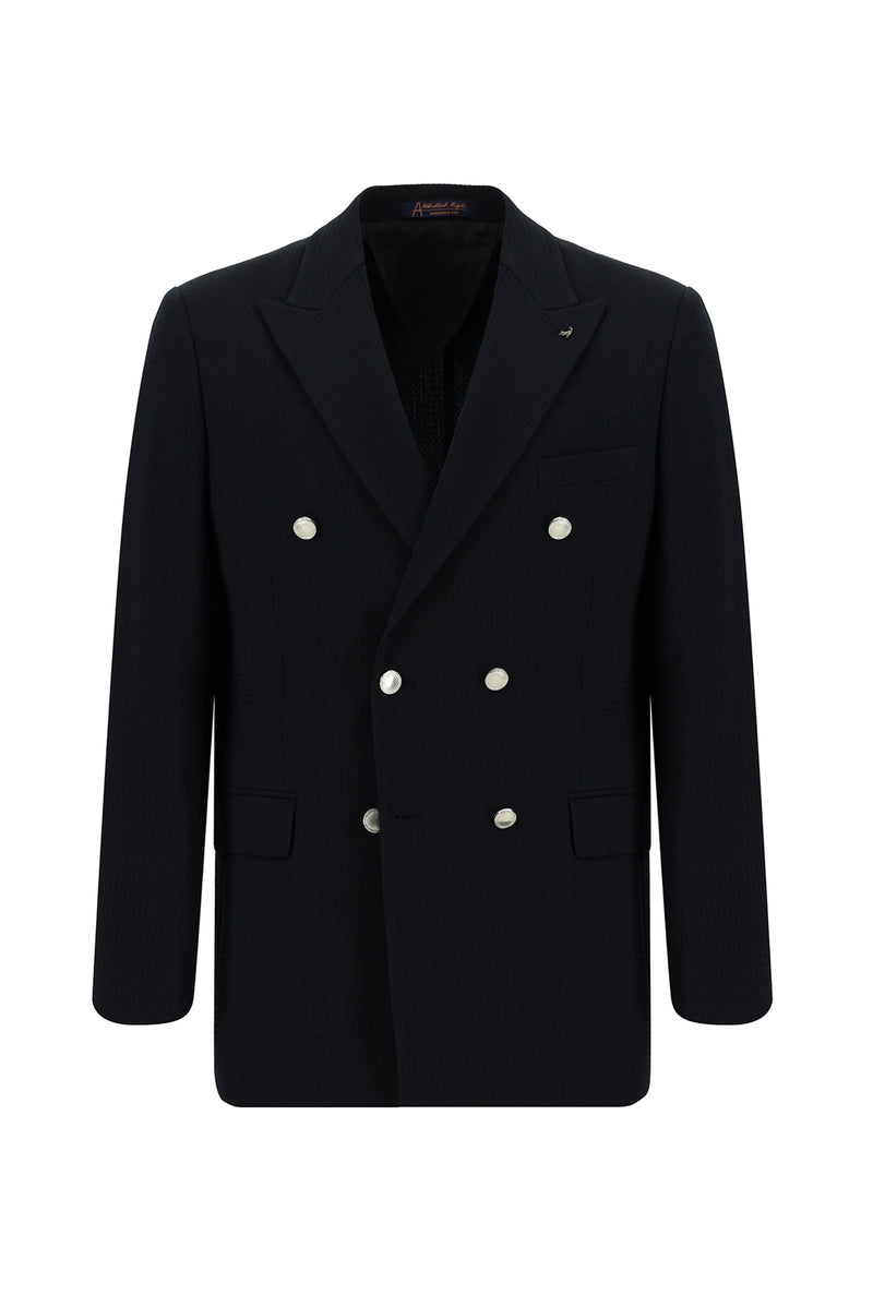 Koyu Lacivert Regular Fit Yünlü Kruvaze Gofre Ceket