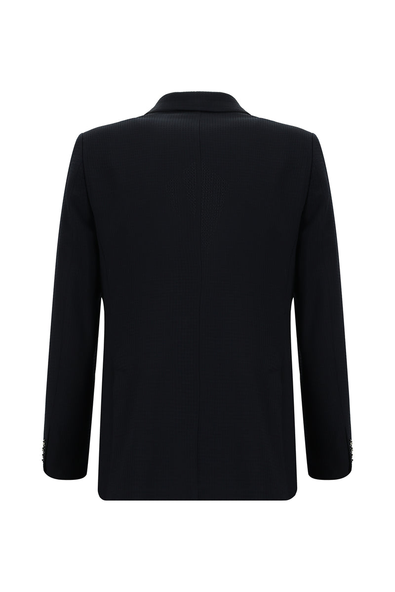 Koyu Lacivert Regular Fit Yünlü Kruvaze Gofre Ceket