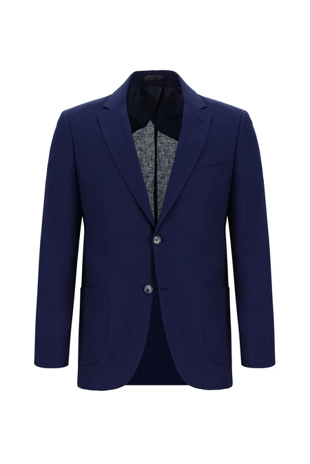 Koyu Lacivert Slim Fit Dar Kesim Keten Karışımlı Ceket