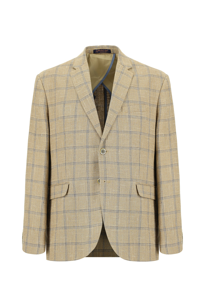 Koyu Bej Regular Fit Ekose Keten Ceket