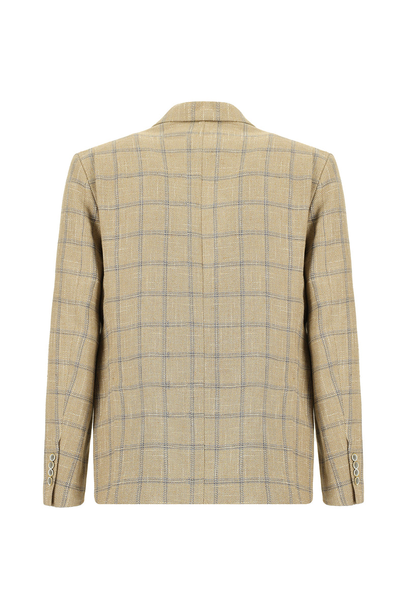 Koyu Bej Super Slim Fit Ekstra Dar Kesim Ekose Keten Ceket