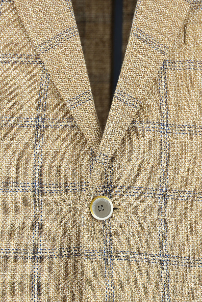 Koyu Bej Super Slim Fit Ekstra Dar Kesim Ekose Keten Ceket