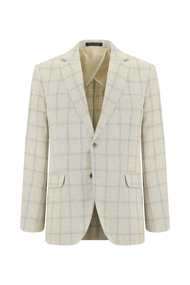 Krem Slim Fit Dar Kesim Ekose Keten Karışımlı Ceket