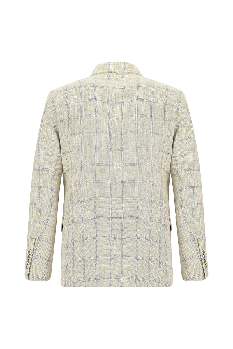 Krem Slim Fit Dar Kesim Ekose Keten Karışımlı Ceket