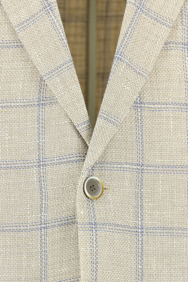 Krem Slim Fit Dar Kesim Ekose Keten Karışımlı Ceket