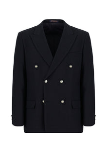 Koyu Lacivert Relaxed Fit Rahat Kesim Yünlü Kruvaze Desenli Ceket