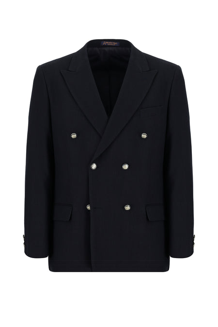 Koyu Lacivert Relaxed Fit Rahat Kesim Yünlü Kruvaze Desenli Ceket