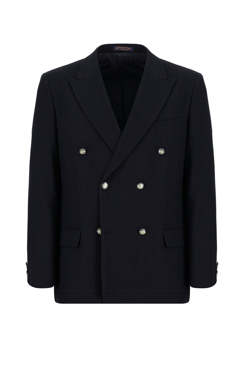 Koyu Lacivert Relaxed Fit Rahat Kesim Yünlü Kruvaze Desenli Ceket