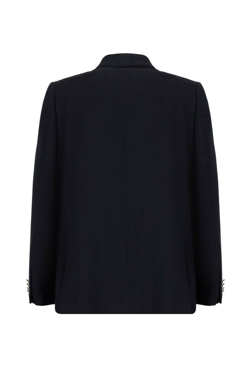 Koyu Lacivert Relaxed Fit Rahat Kesim Yünlü Kruvaze Desenli Ceket