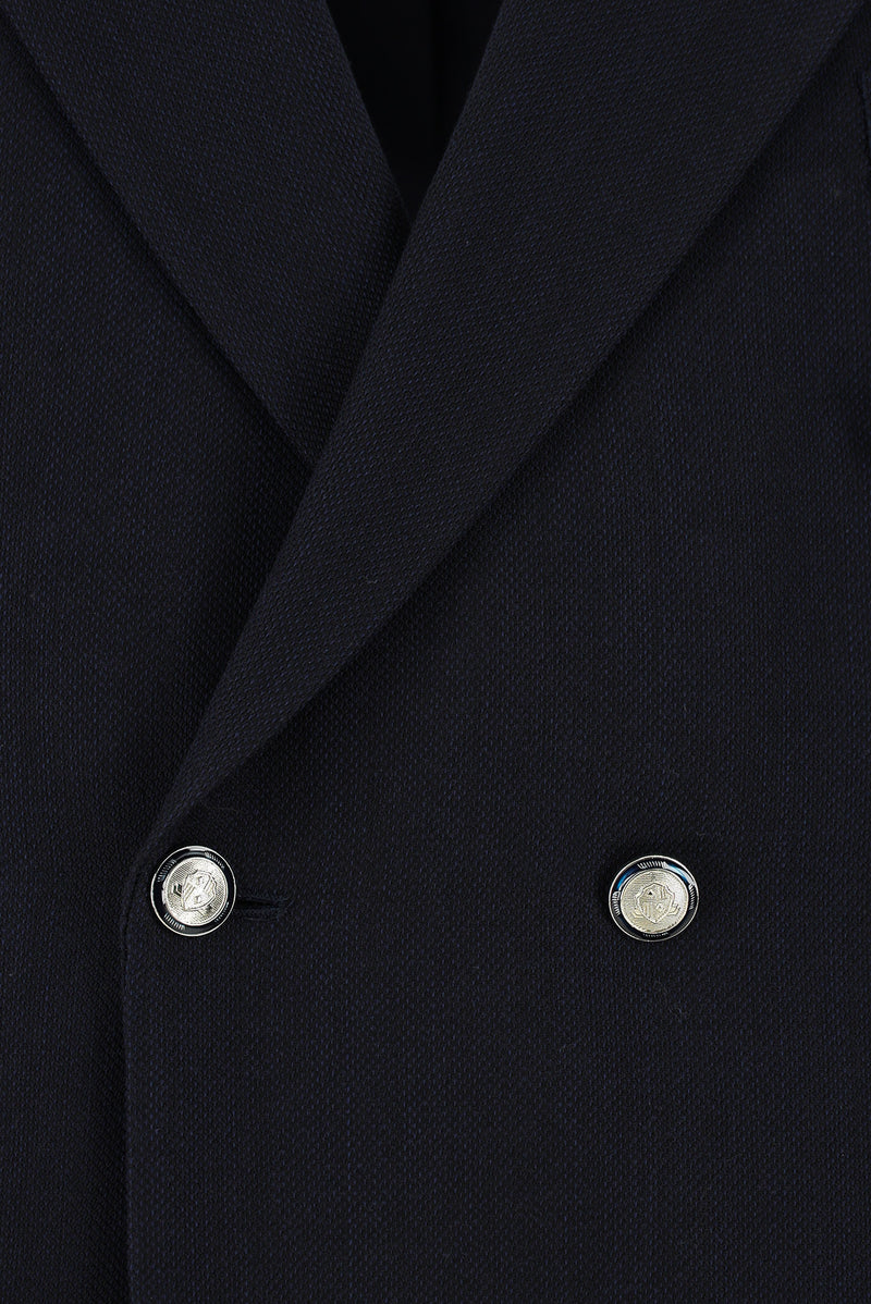 Koyu Lacivert Relaxed Fit Rahat Kesim Yünlü Kruvaze Desenli Ceket