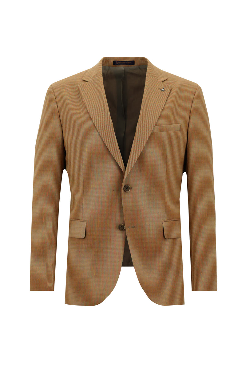Orta Turuncu Slim Fit Dar Kesim Klasik Kuşgözü Keten Ceket