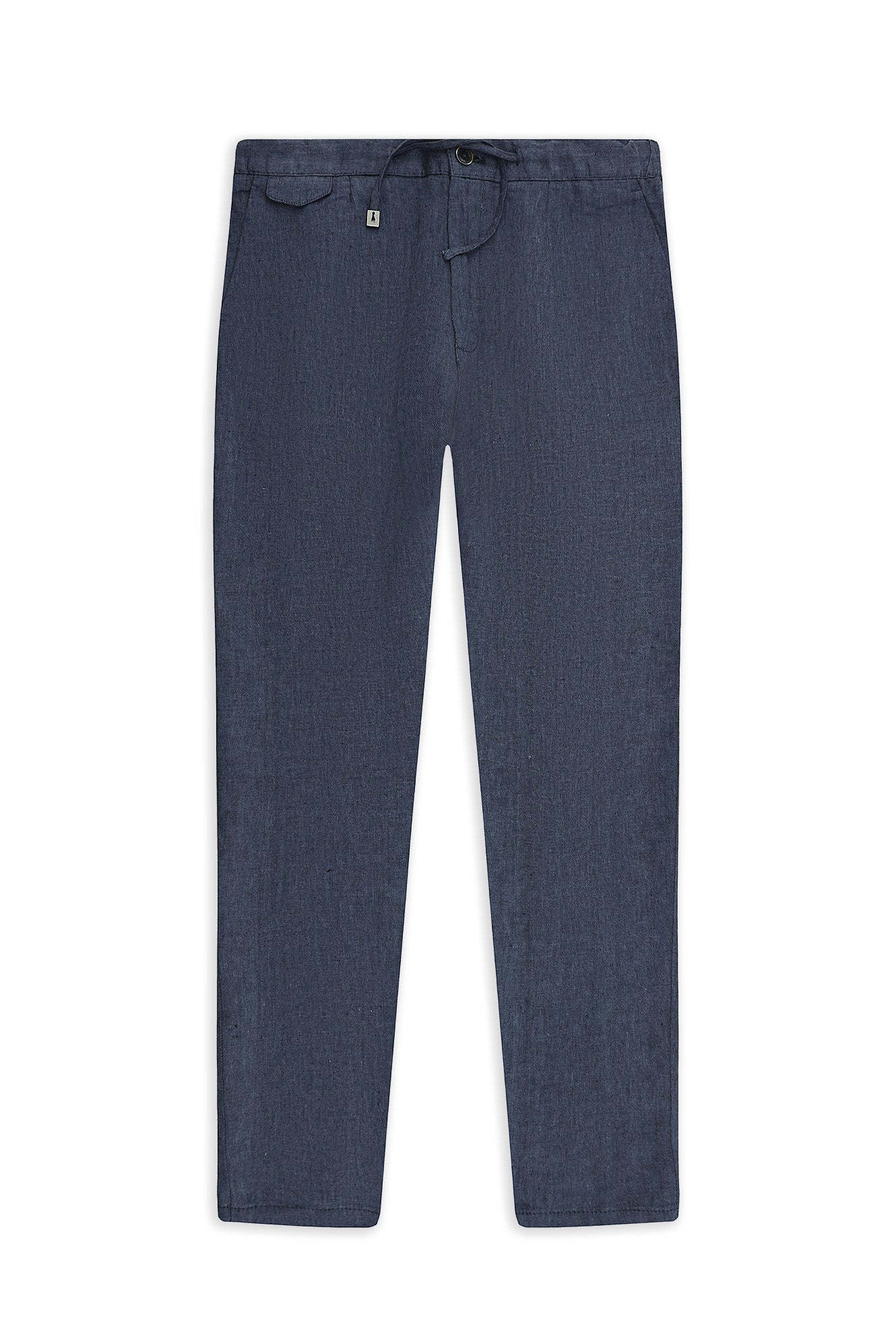 Orta Lacivert Regular Fit Beli Lastikli İpli Keten Pantolon