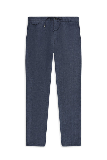 Orta Lacivert Regular Fit Beli Lastikli İpli Keten Pantolon