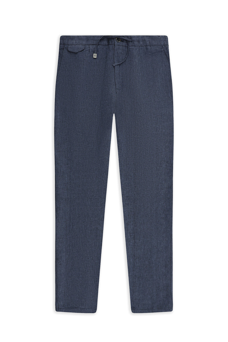 Orta Lacivert Regular Fit Beli Lastikli İpli Keten Pantolon