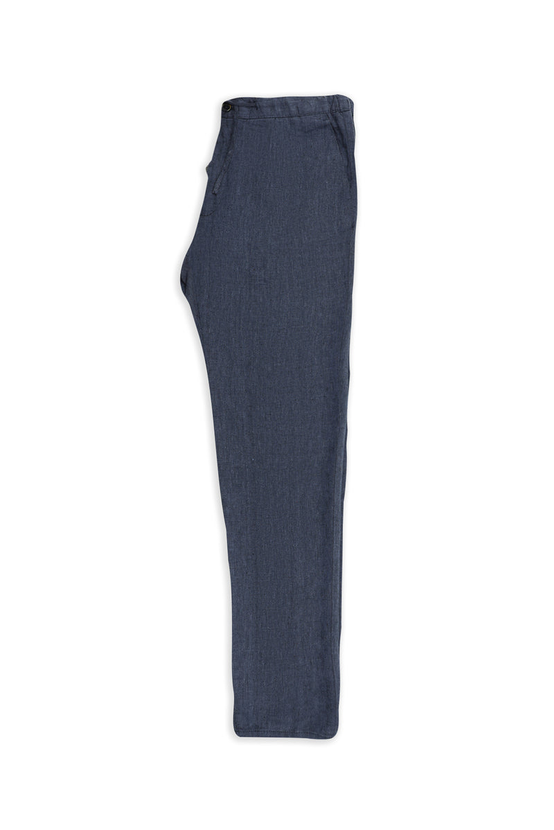 Orta Lacivert Regular Fit Beli Lastikli İpli Keten Pantolon