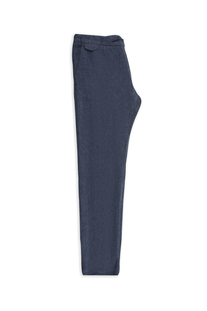 Orta Lacivert Regular Fit Beli Lastikli İpli Keten Pantolon