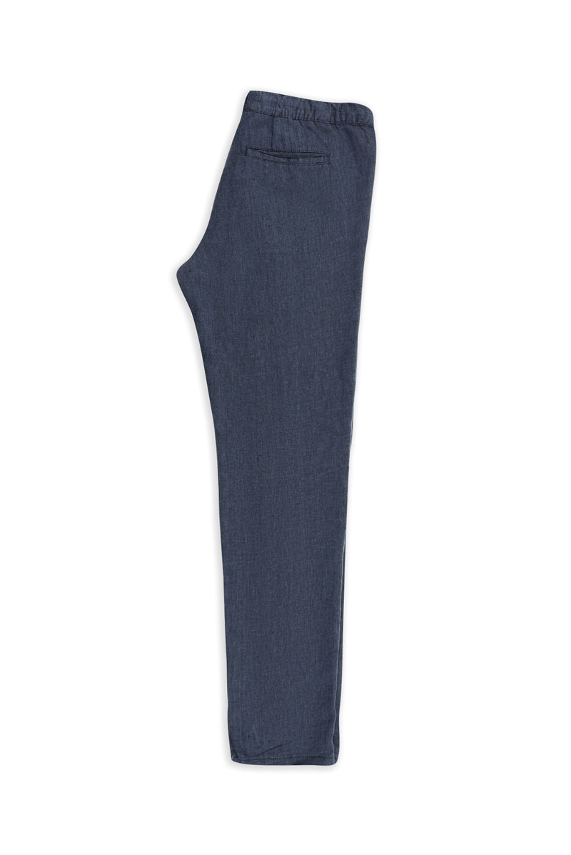 Orta Lacivert Regular Fit Beli Lastikli İpli Keten Pantolon