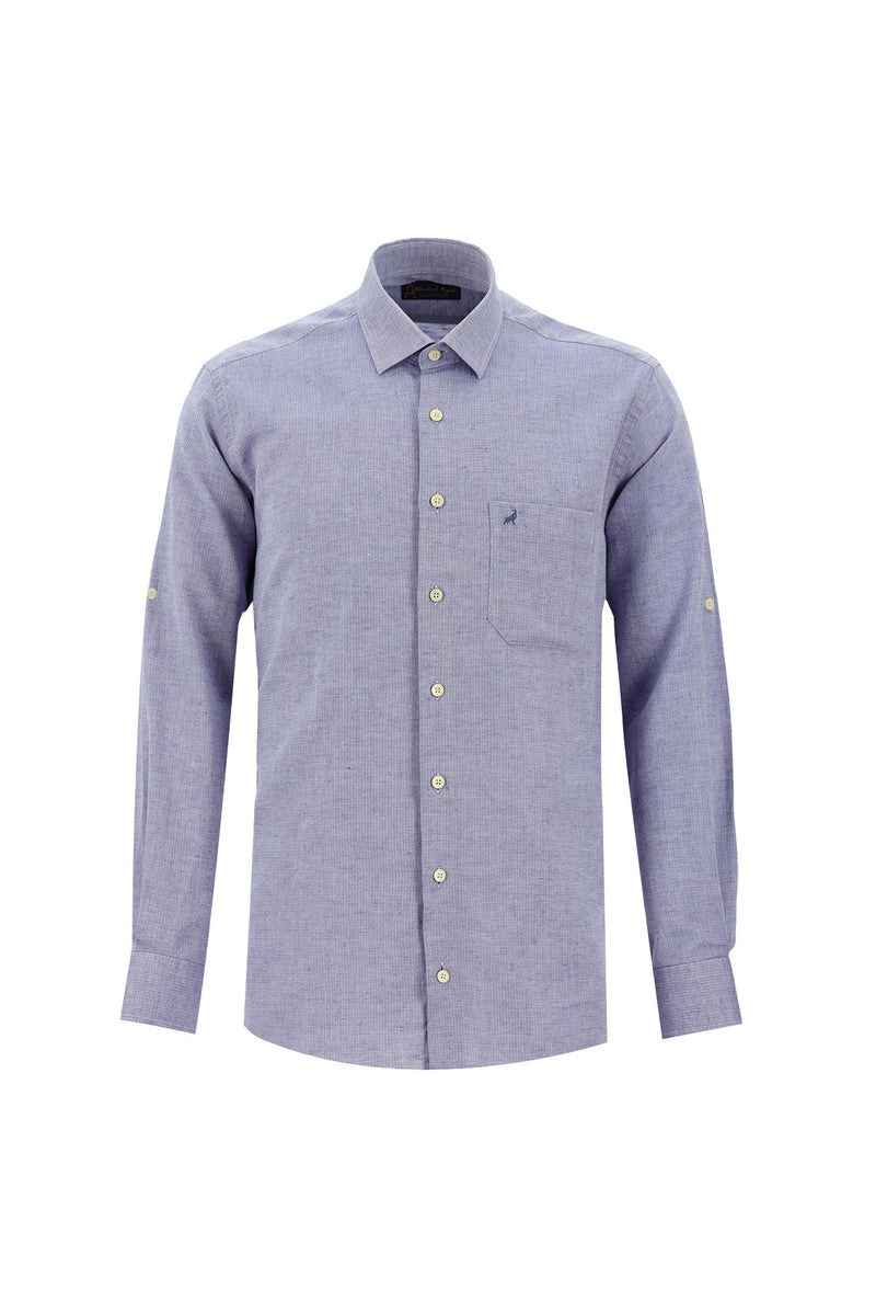 Açık Lacivert Uzun Kol Slim Fit Dar Kesim Spor Pamuklu Keten Gömlek