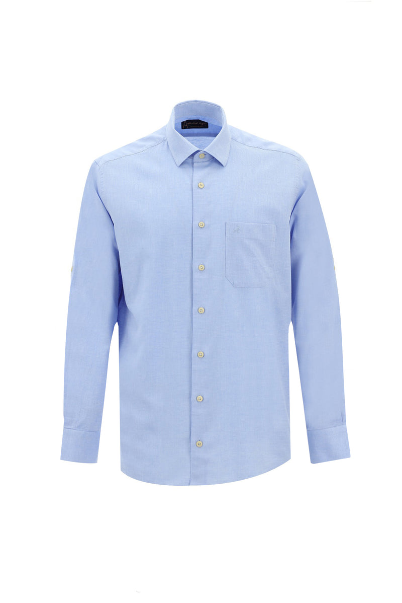 Açık Mavi Uzun Kol Slim Fit Dar Kesim Spor Pamuklu Keten Gömlek