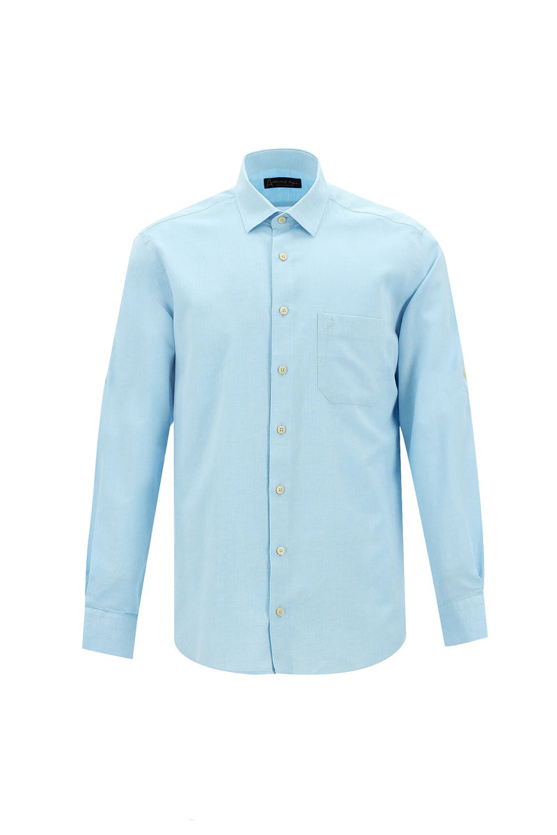 Aqua Mavisi Uzun Kol Slim Fit Dar Kesim Spor Pamuklu Keten Gömlek