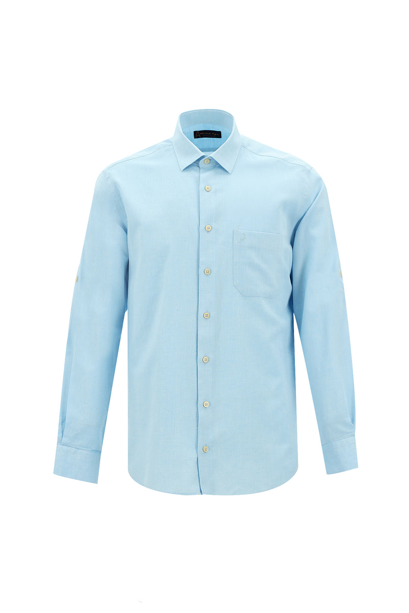 Aqua Mavisi Uzun Kol Slim Fit Dar Kesim Spor Pamuklu Keten Gömlek