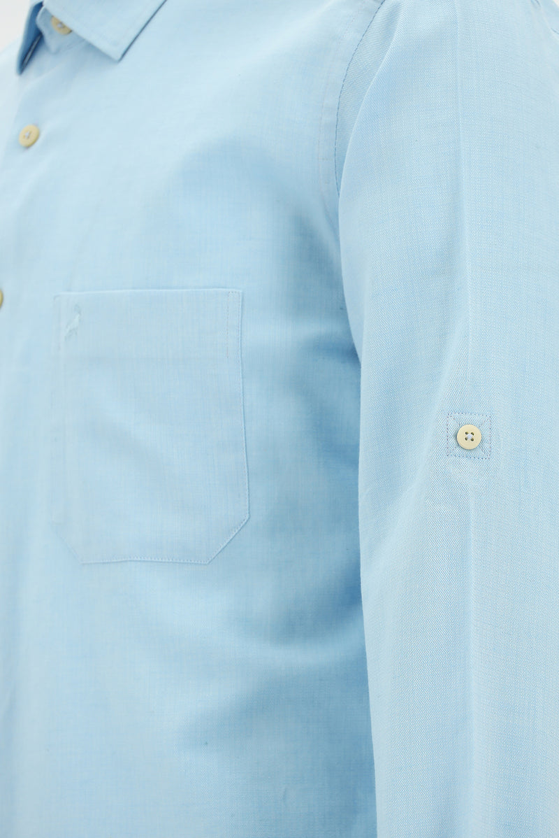 Aqua Mavisi Uzun Kol Slim Fit Dar Kesim Spor Pamuklu Keten Gömlek