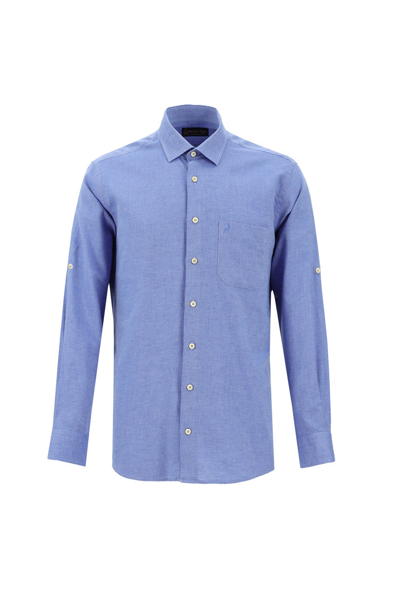 Koyu Mavi  Uzun Kol Slim Fit Dar Kesim Spor Pamuklu Keten Gömlek