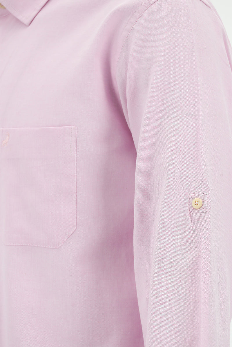 Toz Pembe Uzun Kol Slim Fit Dar Kesim Spor Pamuklu Keten Gömlek