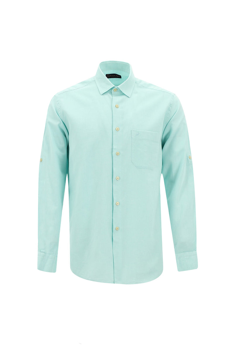 Mint Yeşili Uzun Kol Slim Fit Dar Kesim Spor Pamuklu Keten Karışımlı Gömlek