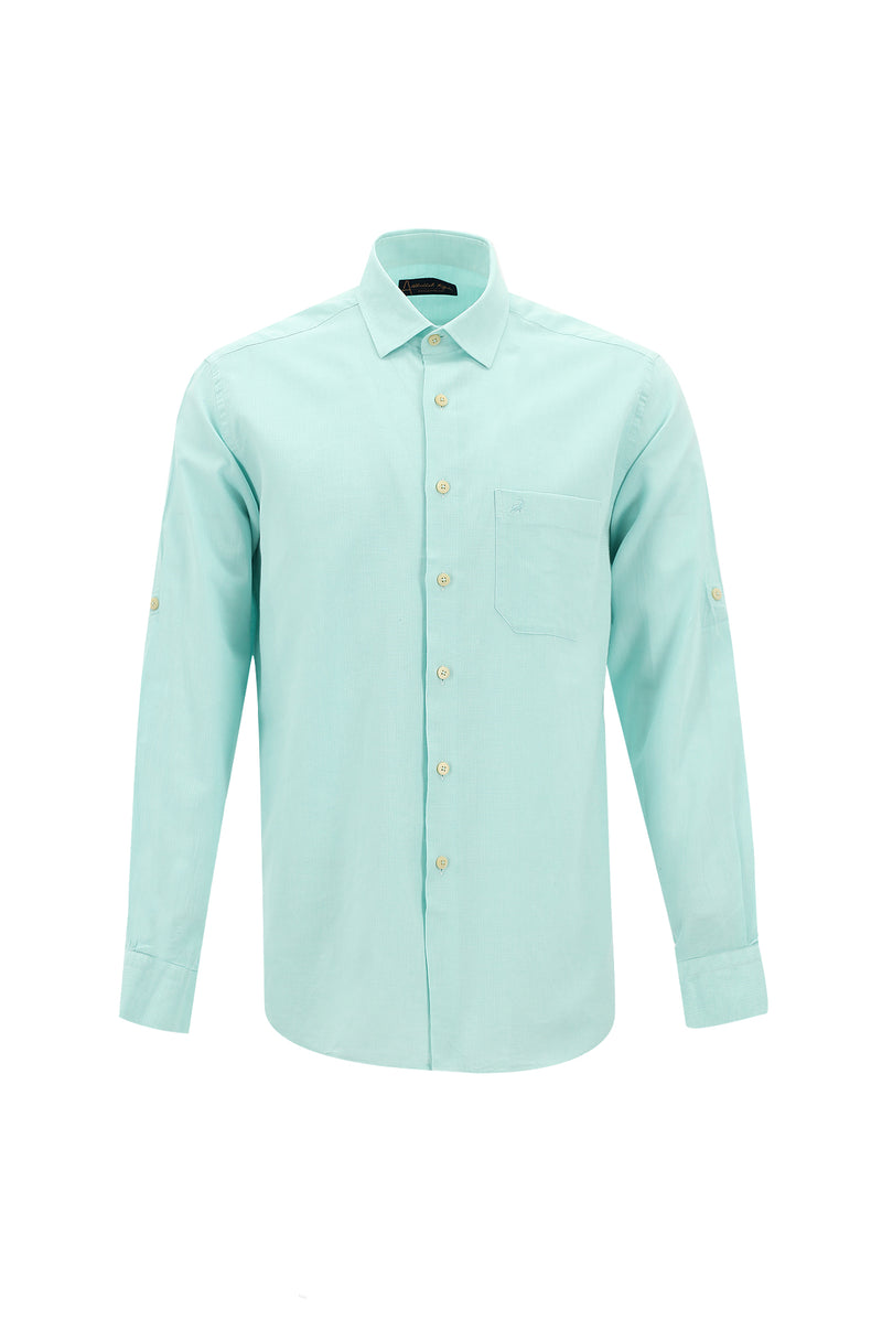 Mint Yeşili Uzun Kol Slim Fit Dar Kesim Spor Pamuklu Keten Karışımlı Gömlek