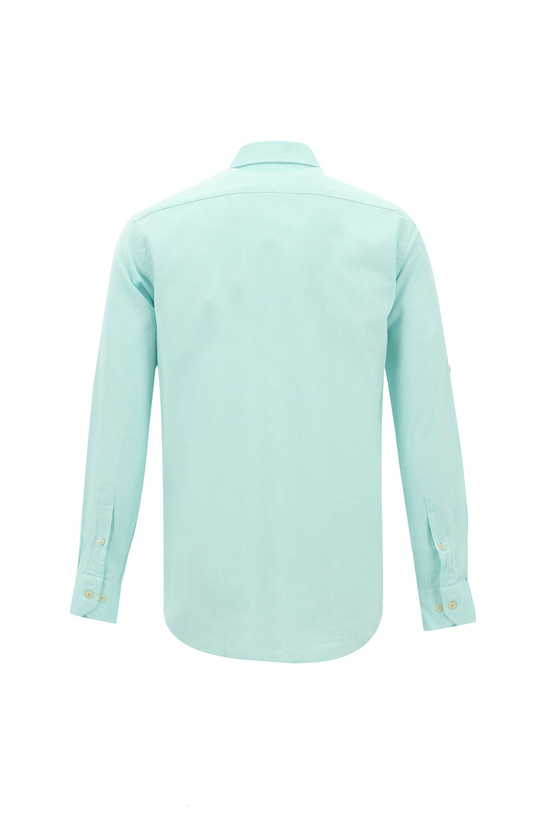 Mint Yeşili Uzun Kol Slim Fit Dar Kesim Spor Pamuklu Keten Karışımlı Gömlek