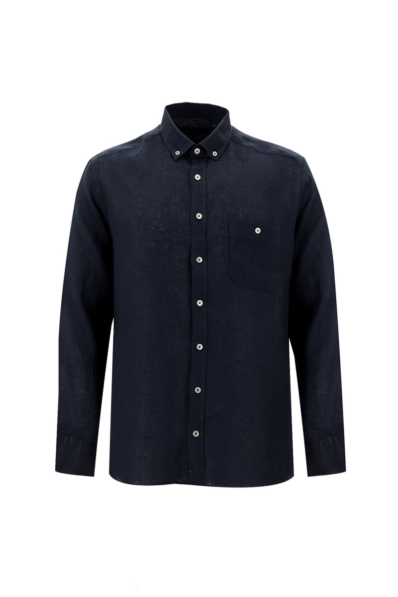 Koyu Lacivert Uzun Kol Regular Fit Keten Gömlek