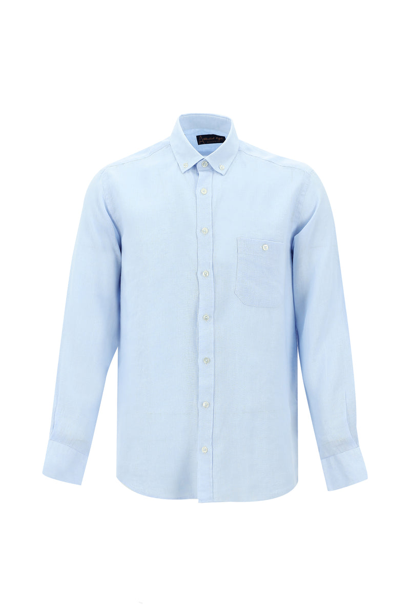 Açık Mavi Uzun Kol Regular Fit Keten Gömlek