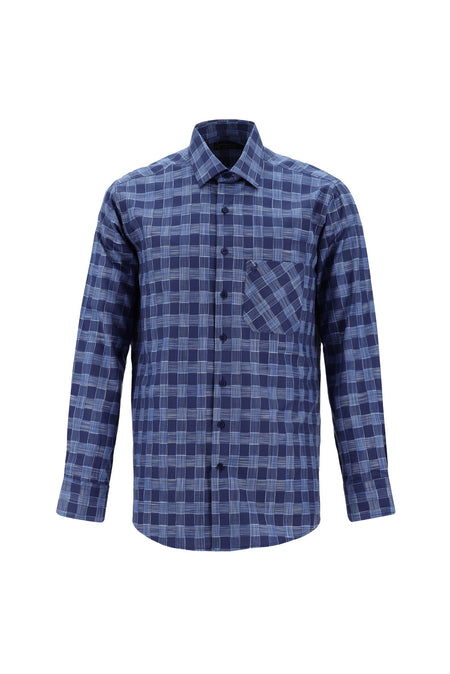 Orta Lacivert Uzun Kol Regular Fit Ekose Pamuk Gömlek