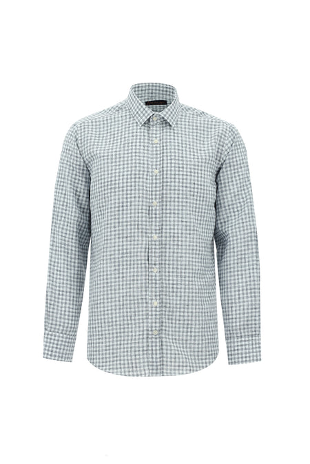 Orta Gri Uzun Kol Regular Fit Ekose Keten Gömlek