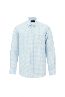 Açık Mavi Uzun Kol Regular Fit Ekose Keten Gömlek