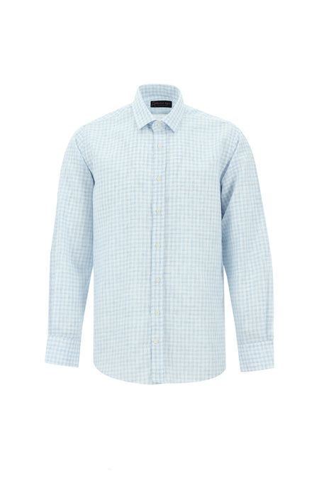 Açık Mavi Uzun Kol Regular Fit Ekose Keten Gömlek