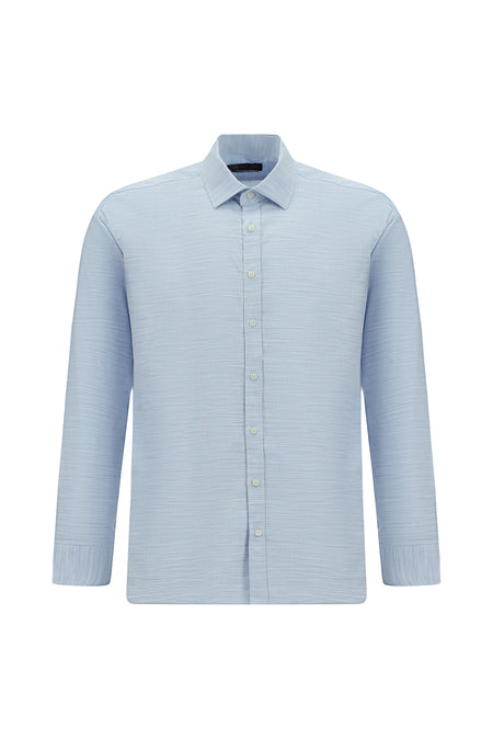 Açık Mavi Uzun Kol Slim Fit Dar Kesim Desenli Pamuk Şantuk Gömlek