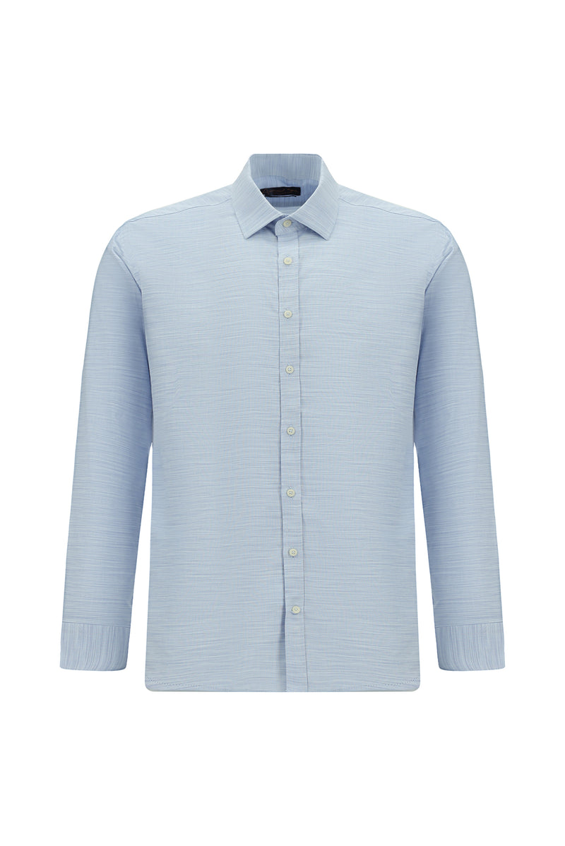 Açık Mavi Uzun Kol Slim Fit Dar Kesim Desenli Pamuk Şantuk Gömlek