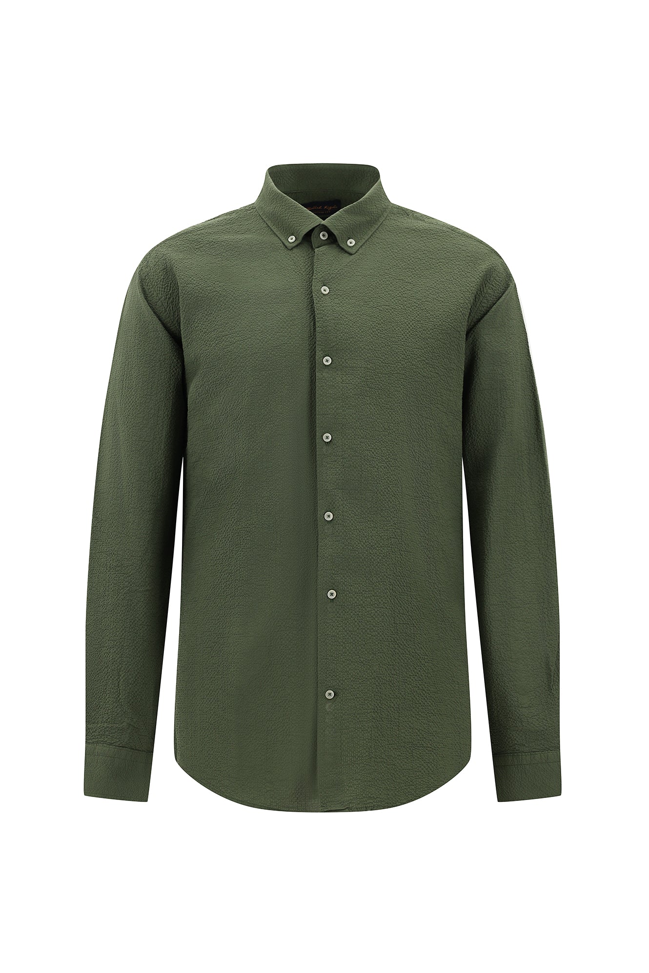 Koyu Haki Uzun Kol Slim Fit Dar Kesim Gofre Pamuklu Gömlek
