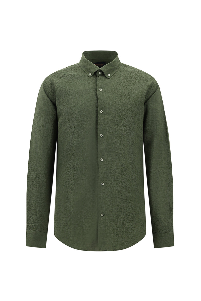 Koyu Haki Uzun Kol Slim Fit Dar Kesim Gofre Pamuklu Gömlek