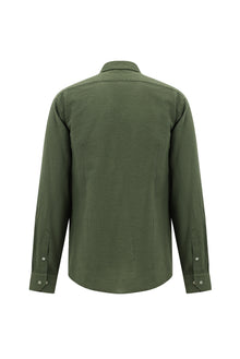 Koyu Haki Uzun Kol Slim Fit Dar Kesim Gofre Pamuklu Gömlek