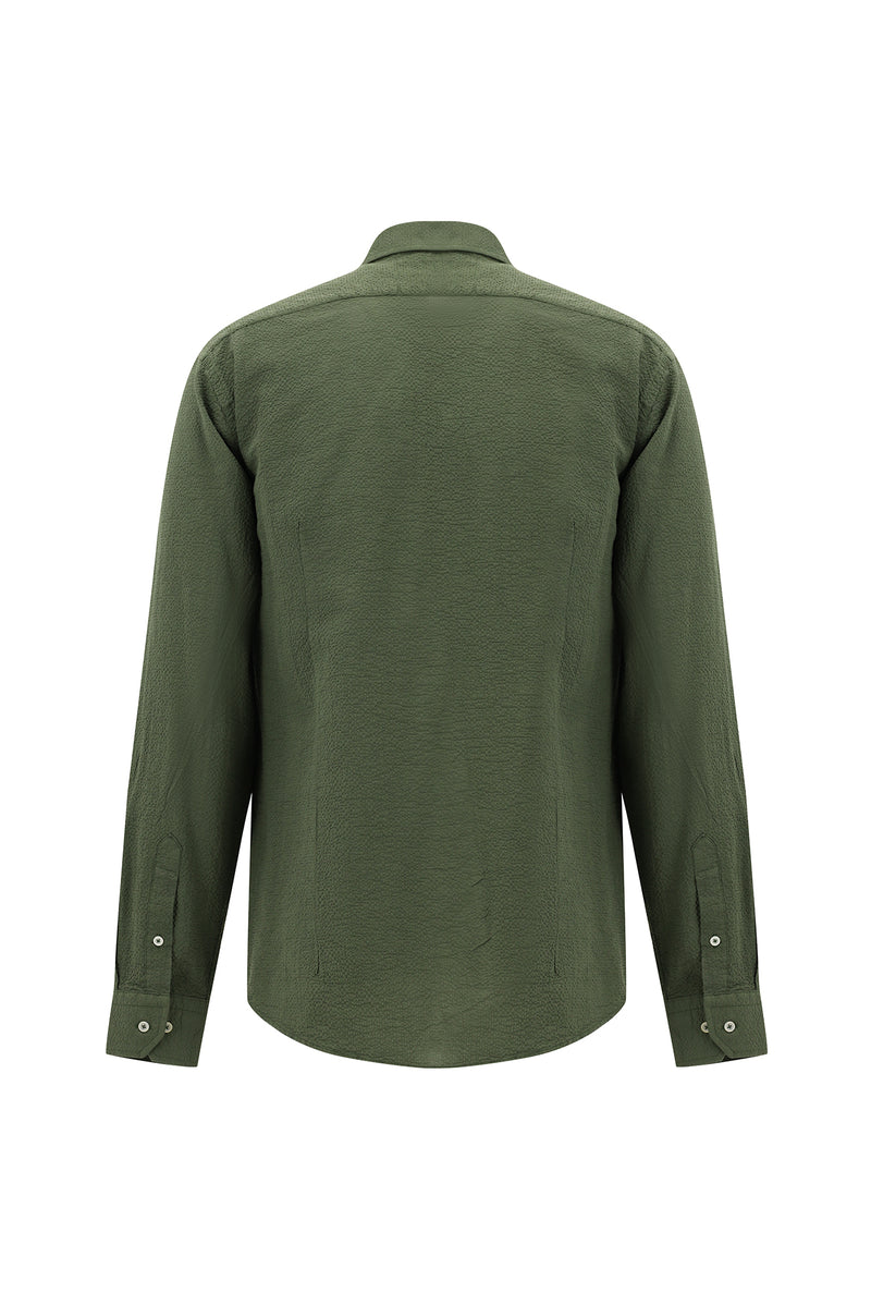 Koyu Haki Uzun Kol Slim Fit Dar Kesim Gofre Pamuklu Gömlek