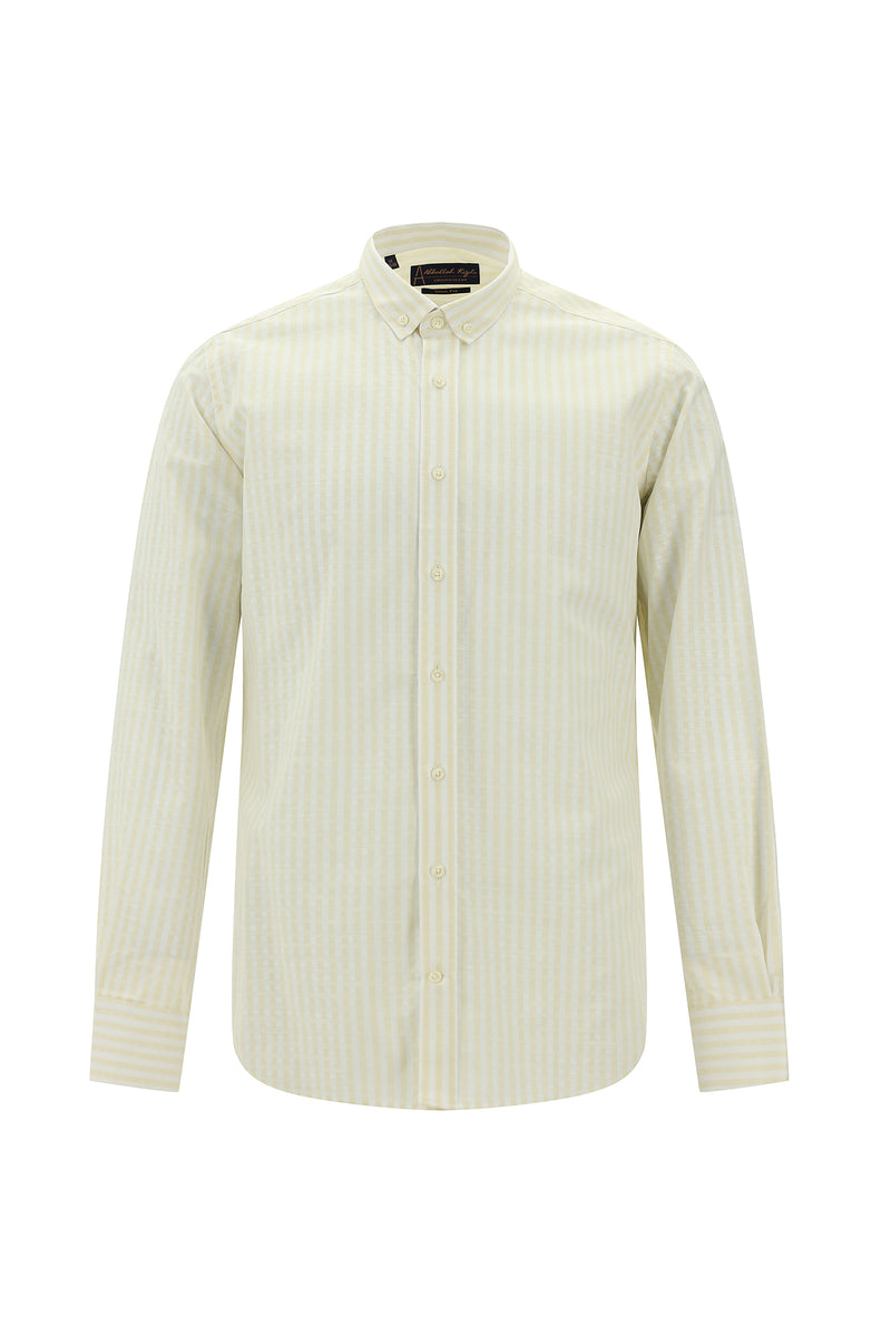 Açık Sarı Uzun Kol Slim Fit Dar Kesim Çizgili Spor Pamuk Gömlek