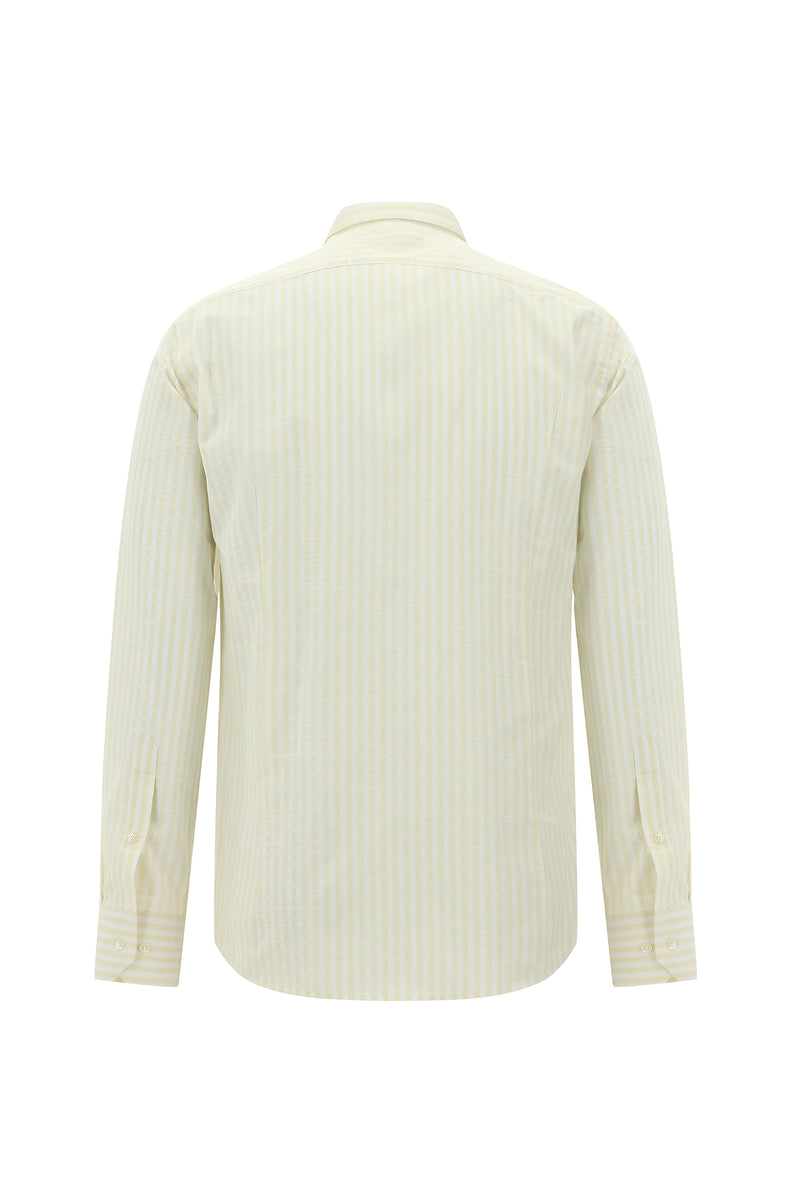 Açık Sarı Uzun Kol Slim Fit Dar Kesim Çizgili Spor Pamuk Gömlek