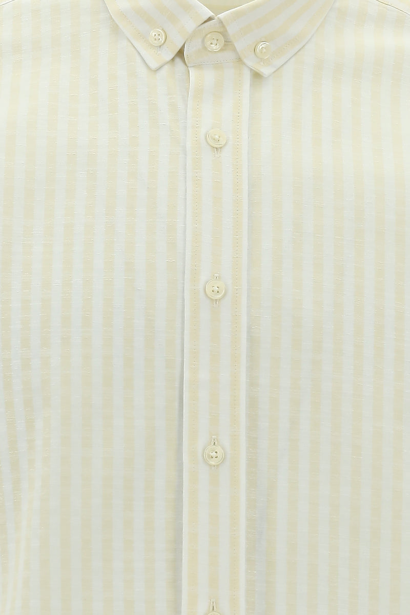 Açık Sarı Uzun Kol Slim Fit Dar Kesim Çizgili Spor Pamuk Gömlek