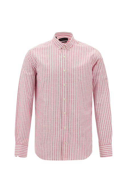 Şeker Pembe Uzun Kol Slim Fit Dar Kesim Çizgili Spor Pamuk Gömlek