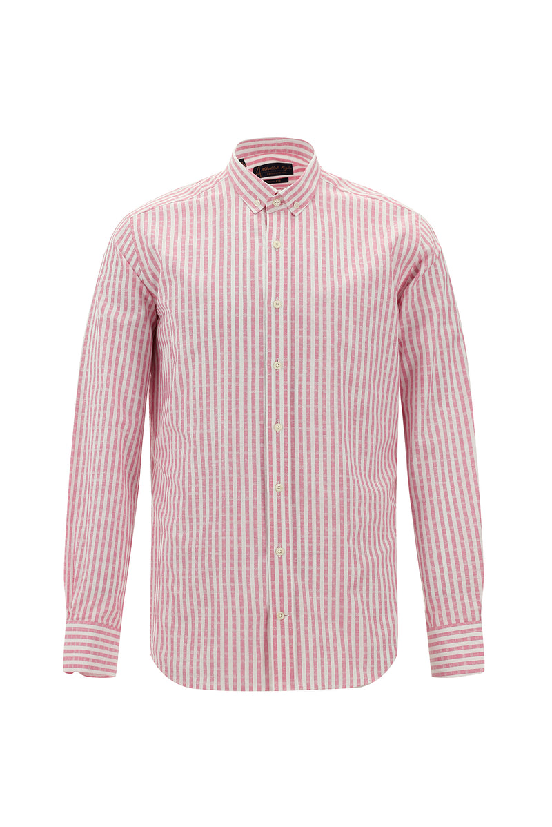 Şeker Pembe Uzun Kol Slim Fit Dar Kesim Çizgili Spor Pamuk Gömlek