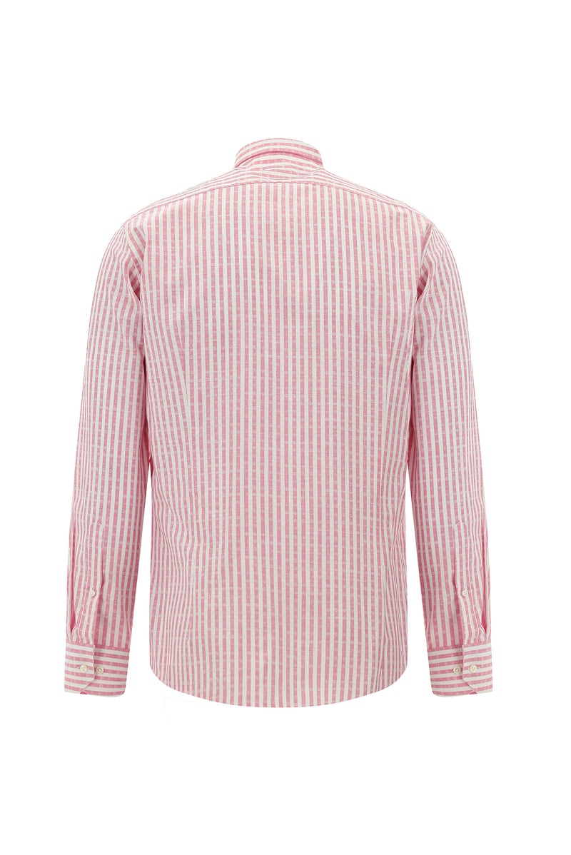 Şeker Pembe Uzun Kol Slim Fit Dar Kesim Çizgili Spor Pamuk Gömlek
