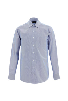 Koyu Lacivert Uzun Kol Klasik Çizgili Pamuk Gömlek